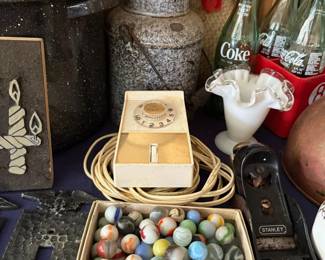 Vintage marbles, graniteware, and Stanley plane