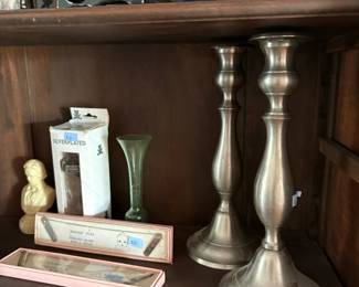 Pewter candlesticks and shelf decor