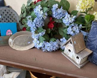 Faux hydrangeas and birdhouse