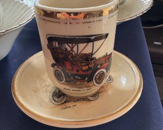 Antique automobile transferware mug and plate