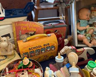 Vintage school bus lunchbox and baby toys