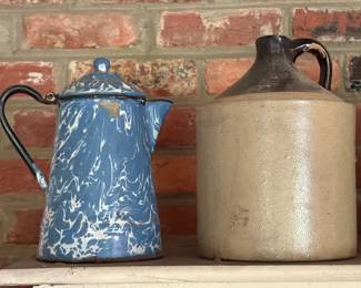 Blue graniteware coffee pot and crock jug