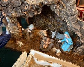 Vintage nativity set with cork bark grotto