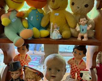 Vintage stuffed animals and dolls