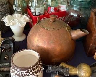 Copper tea kettle and crockery