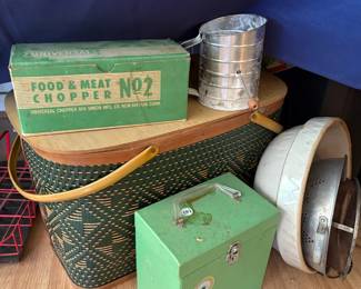 Vintage kitchen tins and food chopper