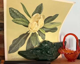 Magnolia print and green pottery