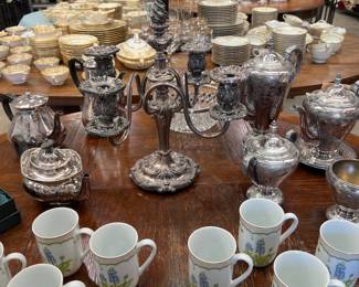silverplate candelabra, coffee/tea service