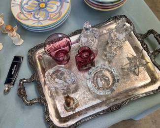 Vietri "Colore" plates/bowls, silverplate tray, cranberry glass, various crystal pieces