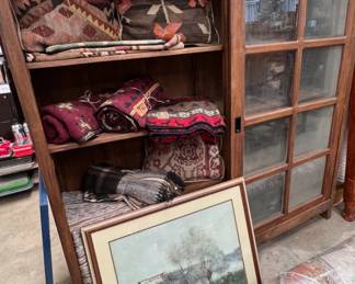 antique wood cabinet, Turkish pillows/covers, Woolrich blanket