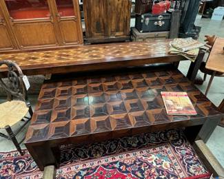 wood parquetry console/coffee tables, antique brass fireplace fender