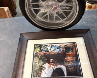 Framed photograph of a Vintage truck and a car wheel wall clock