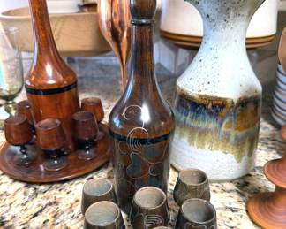 Vintage wood decanter and cups