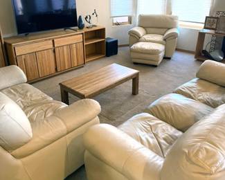 90s solid oak furniture, cream colored leather chairs and sofa
