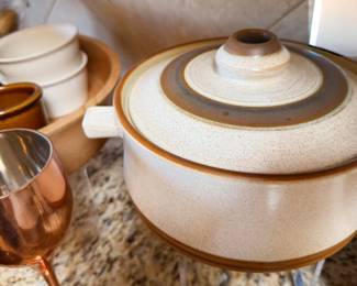 Casserole dish with lid, copper cups