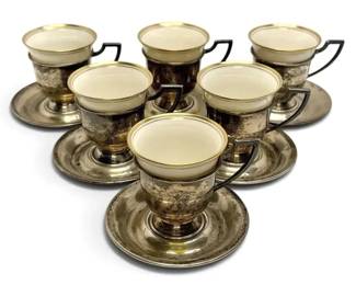 Lenox Demitasse Liners w Sterling Silver Teacups  Saucers  Set of Six 312g