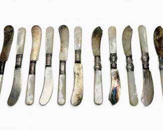 Butter Knives w Mother of Pearl Handles  Sterling Silver Collars 252g Total