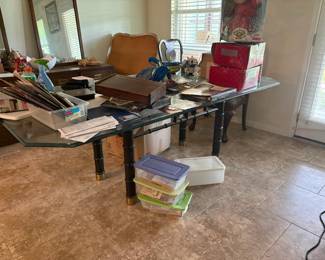 Dining room set - glass topped table (seats 8).  Glass not attached to the base.