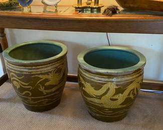 Large 17" pair Chinese black egg dragon jardinieres