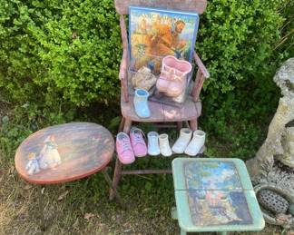 Two Decorative Mini Folding Tables with Ceramic Baby Shoes Book and Vintage High Chair