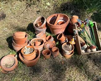 Assortment of Terracotta Pots with Glass Flower Bird and Mushroom Decor