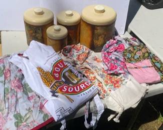 Handmade Decoupage Canisters with Collection of Waist and Full Size Aprons