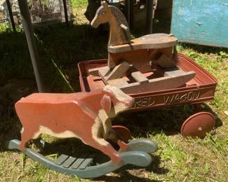 Two Miniature Rocking Animals with Little Red Wagon
