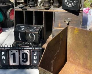 Rustic Wood Desktop Organizer Metal File Box Vintage Calendar  More Collectibles
