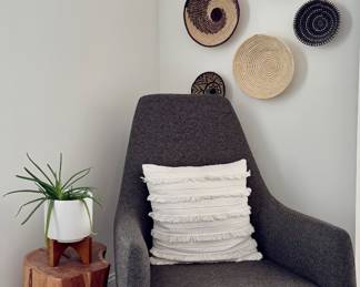 CB2 Quantam Saic Rocking Chair, West Elm Solid Wood Stump Side Table & West Elm Mid-Century Planter