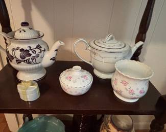 Andrea by Sandek teapot and  Noritake Rose point teapot