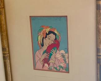 original Japanese style woodblock print titled "Chagrin D'Amour: Kusai"  Sorrows of love by French artist Paul Jacoulet