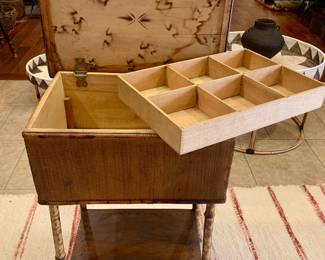 I LOVE this 19th c bamboo sewing table.  It has been scorched to appear as tiger bamboo--look at all pictures