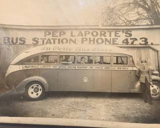 framed professional photograph from mid 1930's of New Iberia's bus line and bus station--Pep LaPorte