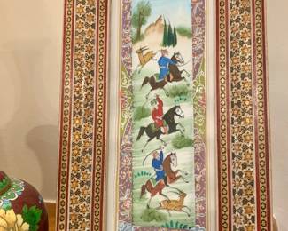 Persian miniature painting depicting a hunting scene set in Khatam inlayi marquetry wood frame