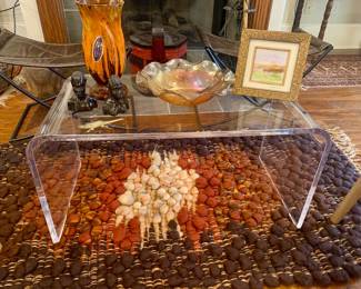 Lucite modern table and notice that hand made rug! Gorgeous and perfect