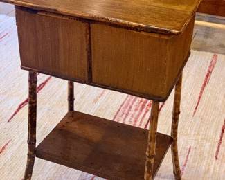 very rare 19th c English scorched Bamboo sewing table with storage
