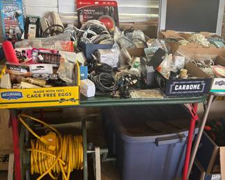 GARAGE ITEMS - ELECTRIC CORDS, TUBS, COAX & HDMI CORDS, SMALL TV