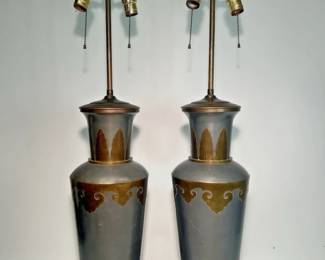 $125 Pair 38" Tall! MCM Chinoiserie French Asian Pewter & Brass Mix Medal Pair Table Lamps (Need to be rewired)