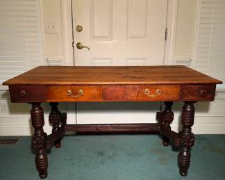 $1799 Antique 19th C English George II Oak 2 Drawer Library Writing Desk Carved Table Turned Leg Desk