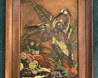 $150 French Hammered Copper Plaque Artwork ALBERT GILLES Crane Herons Enamel Repousse