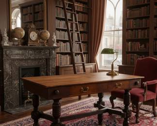 $1799 Antique 19th C English George II Oak 2 Drawer Library Writing Desk Carved Table Turned Leg Desk