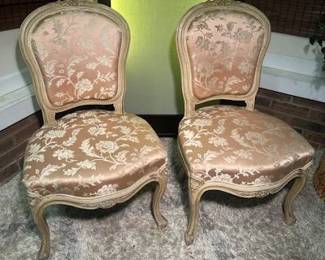 $400 PAIR Antique 19th C Provincial French Louis XI Slipper Chairs Louis XVI Chairs Silk Carved Wood (Little wobbly)