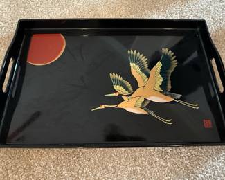 Vintage Japanese Lacquer Ware Tray with Cranes and Sun