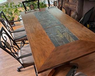Wood and Metal Dining Table with Slate Inlay