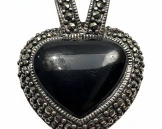 Sterling Silver Heart-Shaped Onyx and Marcasite Pendant