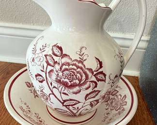 Red Transferware Pitcher and Bowl Set - Rose Chintz Style