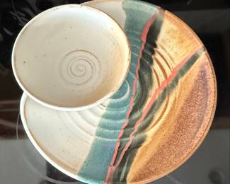 Studio Pottery Chip and Dip Set with Blue Signature