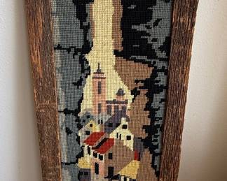 Mid-Century European Village Needlepoint Framed Art