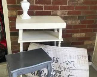 White Wood Entryway Table, Small Silver Wood Side Table, Table Lamp,  Welcome Mat