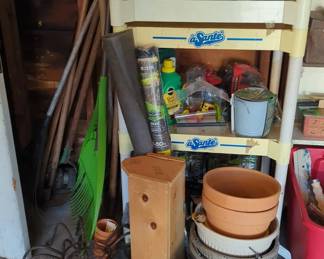Garden Tools, Wheelbarrow, and Planters